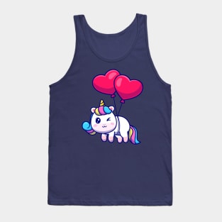 Cute Unicorn Floating With Love Balloon Cartoon Tank Top